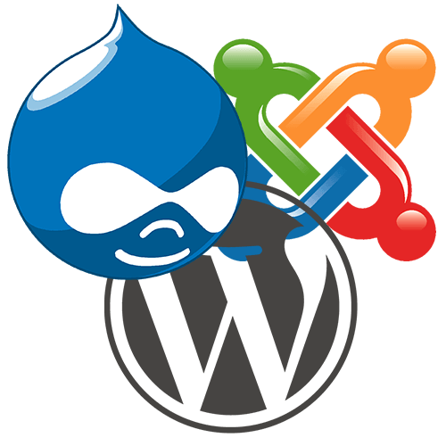 Drupal, Wordpress, Joomla logos intertwined