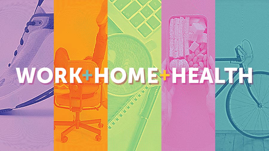 Work Home Health colorful graphic with healthy images and the title of the blog