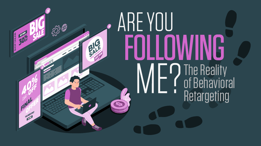 Are You Following Me? The Reality of Behavioral Retargeting A person on a laptop with screens behind them with targeted advertisements